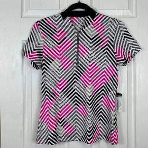 NWT Tail mock neck 1/4 zip pink black cheetah check short sleeve top sz xs
